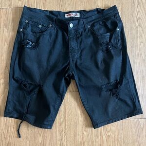 MENS NEOBLUE BLACK DISTRESSED DESTROYED RIPPED DENIM JEAN SHORTS 34